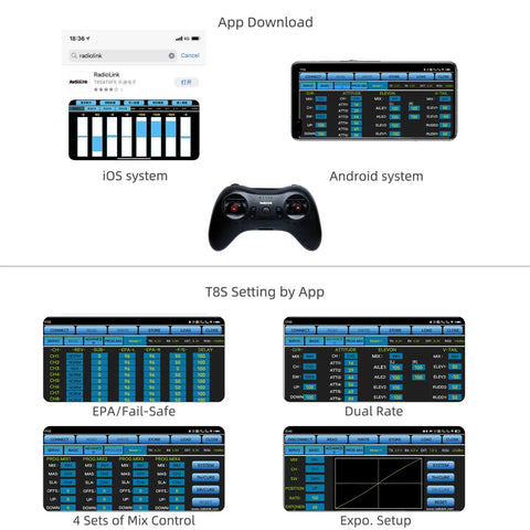 App interface for T8S 8 Channel 2.4G RC Pocket Transmitter With R8XM Receiver on iOS and Android systems, showing various settings.
