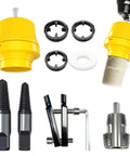 Heavy Duty Pvc Pipe Threader And Tapping Tool For 1 2 Inch To 3 4 Inch Pipes, includes yellow threading head and accessories.