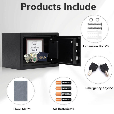Rock Solid Security Safe Box With Digital Keypad And Backup Keys Steel Home Office Hotel Safe open with contents, keys, bolts, batteries shown