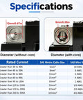 Specification chart showing diameters and rated current for Heavy Duty 50 Amp Circuit Breaker With Manual Reset Switch.