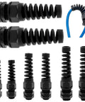 IP68 Waterproof Cable Gland Kit With Strain Relief, 8-Piece Nylon Cable Connector Set, NPT Thread Sizes, Black, visible spiral glands.