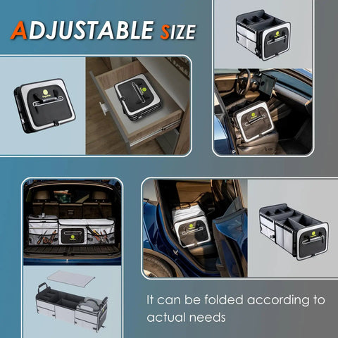 95L Car Trunk Organizer with 26L Ice Pack shown in multiple uses and folded configurations for SUVs and cars