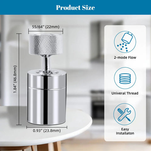 Dual Function Chrome Kitchen Faucet Aerator With 360 Swivel Spray shown with size dimensions and installation features.