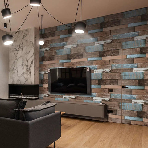 Living room wall with Faux Wood Peel And Stick Wallpaper For DIY Projects, Wood Grain Vinyl Self Adhesive Contact Paper.