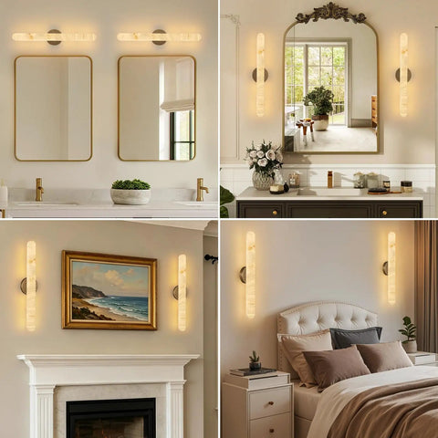 Natural Alabaster Brass Wall Sconce, Modern Bronze Marble Sconce in stylish living and bedroom settings.