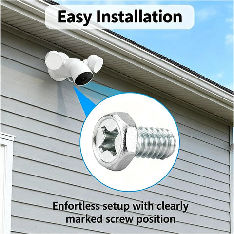Rock Solid 10 Pack Stainless Steel Mounting Screws For Google Nest Cam Floodlight weatherproof fasteners on exterior wall with camera.