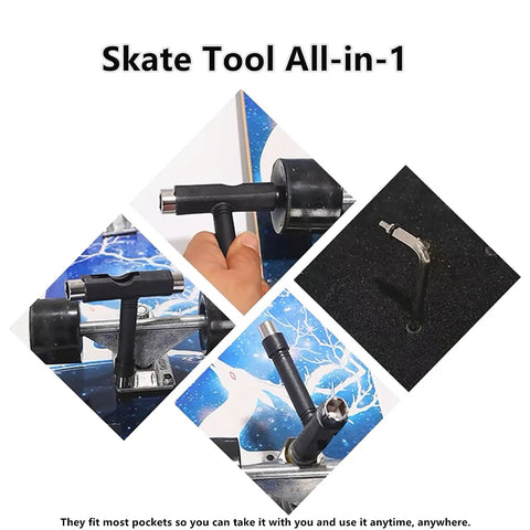 All In One Skate Tool Kit With T Type Allen Key And L Type Phillips Head Wrench shown on various skateboards