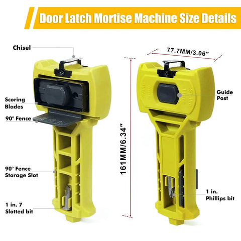 2 In 1 Door Hinge And Lock Installation Kit With Adjustable Hinge Jig For Precision Chiseling And Easy Setup Great For DIY And Pros CNQLIS Router Not Included showing yellow latch mortise machine with size details