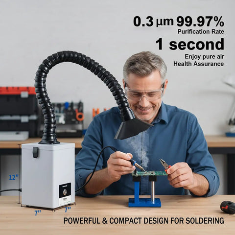 Man using Desktop Solder Fume Extractor With Low Noise 50 DB 160 Cubic Meters Per Hour Strong Suction Pro Grade HEPA Filter