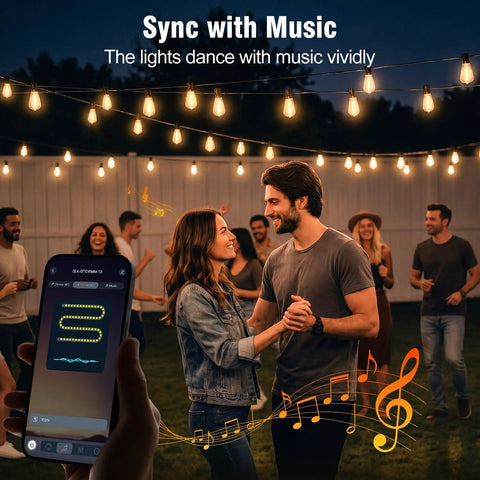 Couple dancing under 50 Foot Outdoor Waterproof String Lights With Bluetooth App And Remote Control Dimmable Brightness And Timed Modes