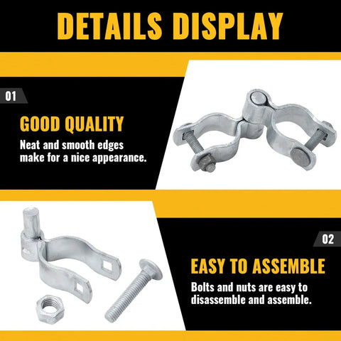 Details display of 1-5/8 Inch Chain Link Gate Hinge Kit with male and female hinges, galvanized steel fence hardware, showing bolts and nuts.