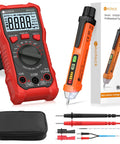 Non Contact Voltage Tester and Digital Multimeter Combo for 12-1000V AC Range with cables and carrying case displayed