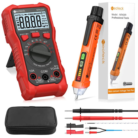Non Contact Voltage Tester and Digital Multimeter Combo for 12-1000V AC Range with cables and carrying case displayed