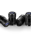 Black aluminum universal tire valve stem caps four pack corrosion resistant easy install for cars trucks SUVs motorcycles and bicycles