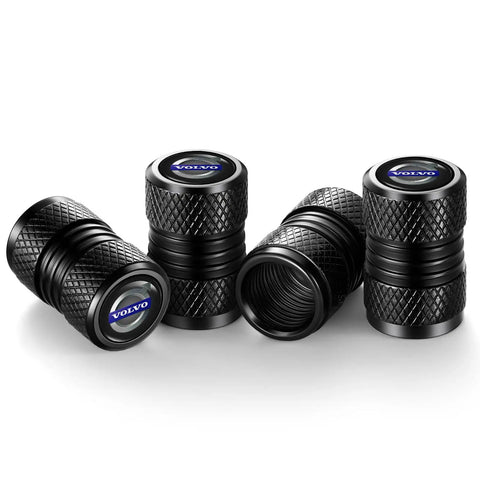 Black aluminum universal tire valve stem caps four pack corrosion resistant easy install for cars trucks SUVs motorcycles and bicycles