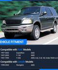Front suspension kit: upper control arm with ball joint on green Ford 4WD SUV (front-right view) driving on highway