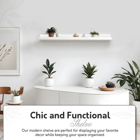 White Floating Wall Shelf With Picture Ledge Easy To Install No Fuss To Remove Modern MDF Shelves With Hidden Brackets Wall Mount Storage 4.5 Inch Deep 35.4 Inch Wide 3.5 Inch High Clean Contemporary Look above cabinet with plants.