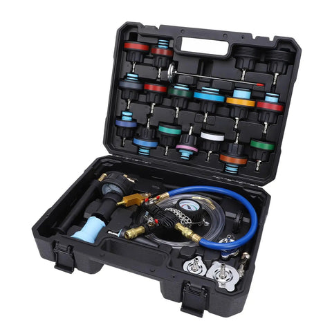 Phefop 28 Piece Radiator Coolant Pressure Tester Vacuum Refill Kit With Leak Detector And Hand Pump Accurate Gauge Color Coded Caps For Cars Trucks