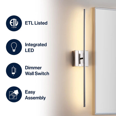 Chrome Modern Dimmable Integrated LED Wall Sconce 28 Inch No-Fuss Vanity Light For Bathroom Mirror Bedroom Hallway Sleek Hardwired Wall Lamp Fixture Warm White 3000K