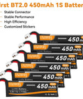 Six Pack 1S FPV Battery 3.8V 450mAh 150C BT2.0 Connector shown with stable performance features