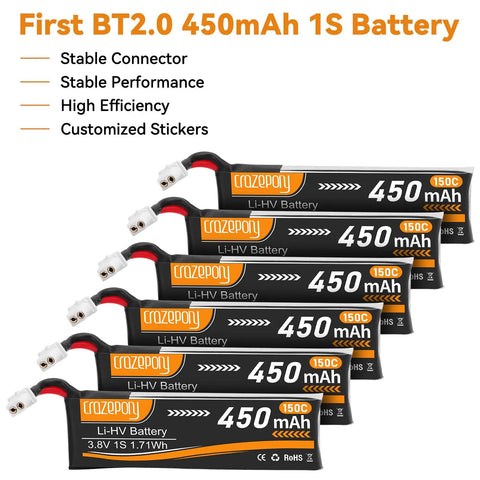 Six Pack 1S FPV Battery 3.8V 450mAh 150C BT2.0 Connector shown with stable performance features