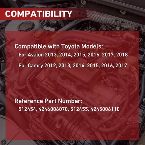 Compatibility details for Rear Wheel Bearing And Hub Assembly With Abs For Toyota Camry 2012 2017 And Toyota Avalon 2013 2018 Direct Fit Replacement.