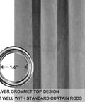 Close-up of Grey Velvet Curtains With Grommets Thermal Insulated Drapes For Living Room Privacy And Noise Reducing Light Filtering 2 Panels Each 52 By 96 Inches Soft And Luxe Window Treatments highlighting grommet size of 1.6 inches.