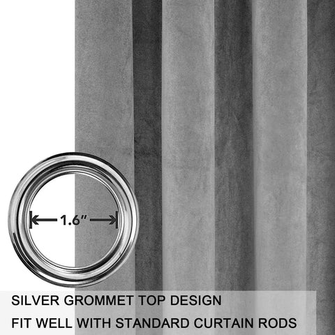 Close-up of Grey Velvet Curtains With Grommets Thermal Insulated Drapes For Living Room Privacy And Noise Reducing Light Filtering 2 Panels Each 52 By 96 Inches Soft And Luxe Window Treatments highlighting grommet size of 1.6 inches.