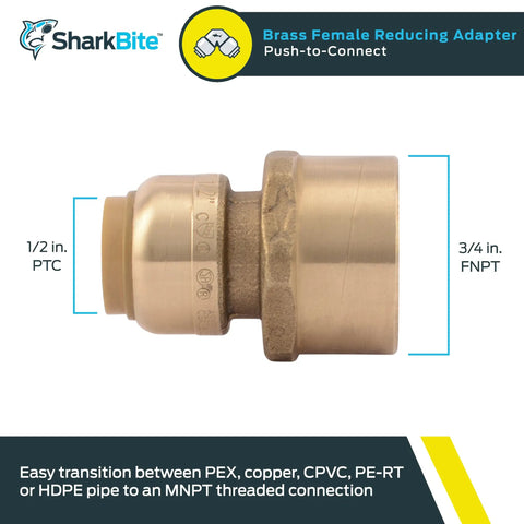 1/2 Inch To 3/4 Inch Push To Connect Brass Reducing Adapter FNPT Female End To Pipe Fitting For PEX Copper CPVC PE-RT HDPE Quick, No Fuss Transition From Pipe To Thread In Tight Spaces