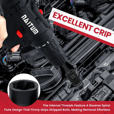 Close-up of 22 Piece Bolt Extractor Set With One Half Inch And Three Eighth Inch Drive Easy Out Stripped Lug Nut Remover Kit in use on engine