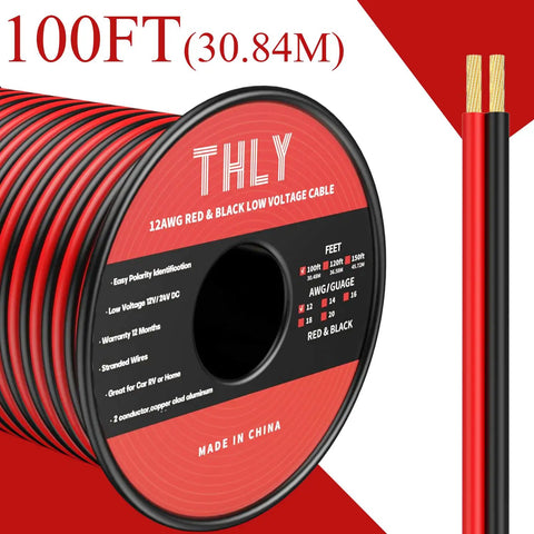 Beefy 100 Ft 12 Gauge Wire 2 Conductor Red And Black Electrical Cable spool with close-up of copper strands