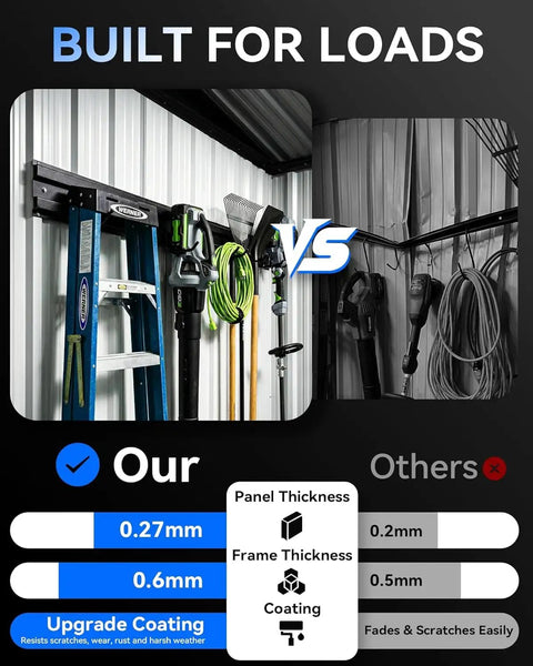 Comparison showing 6x4Ft Outdoor Storage Shed Waterproof Metal Garden Shed With Lockable Sliding Door features and competitors