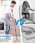 Man using long handled floor scrubber brush with 52 inch reach against woman scrubbing floor and hand scrub brush