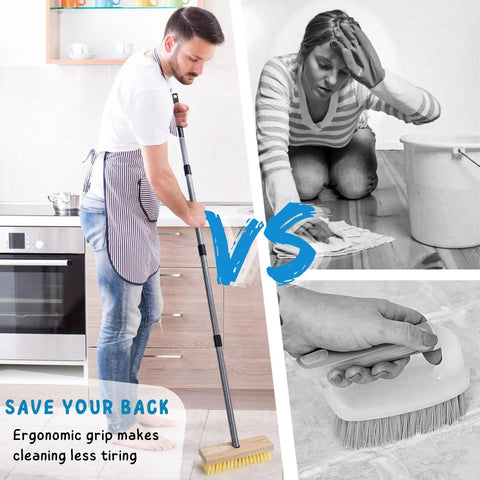 Man using long handled floor scrubber brush with 52 inch reach against woman scrubbing floor and hand scrub brush