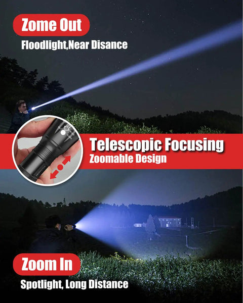 Led Flashlight 4 Pack With 2000 Lumens, Tactical Zoomable Beams highlighting telescopic focusing, outdoor use at night.