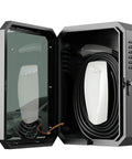 All Weather Wall Mounted EV Charger Protective Box open view with Tesla charger inside, weatherproof cover for outdoor use