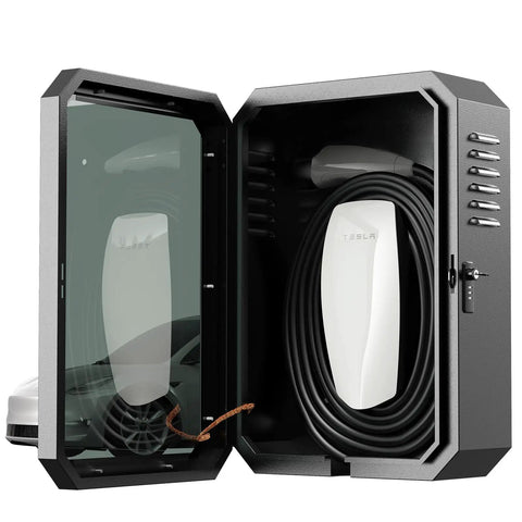 All Weather Wall Mounted EV Charger Protective Box open view with Tesla charger inside, weatherproof cover for outdoor use