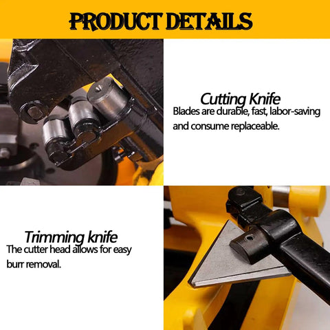 Beefed Up Electric Pipe Threader Machine With One Half To Two Inch NPT And BSPT Dies shows cutting and trimming knife details.