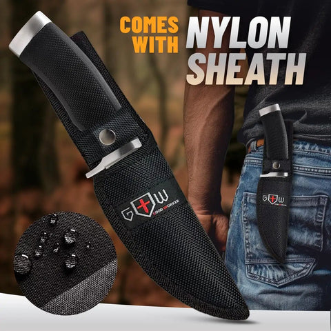 Rugged Fixed Blade Survival Knife With Sheath For Camping, Hunting, And Bushcraft shown with nylon sheath on belt