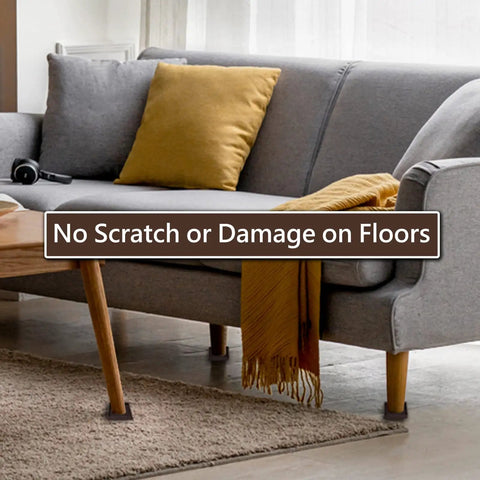 3x3 Square Rubber Furniture Caster Cups Anti Slip Pads Bed Stopper Floor Protectors visible under sofa legs.