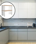 Clear The Counter Clutter With This Slick Wooden Acrylic Display Shelf in modern kitchen. Multi tier rack on counter.