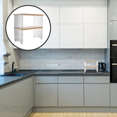 Clear The Counter Clutter With This Slick Wooden Acrylic Display Shelf in modern kitchen. Multi tier rack on counter.