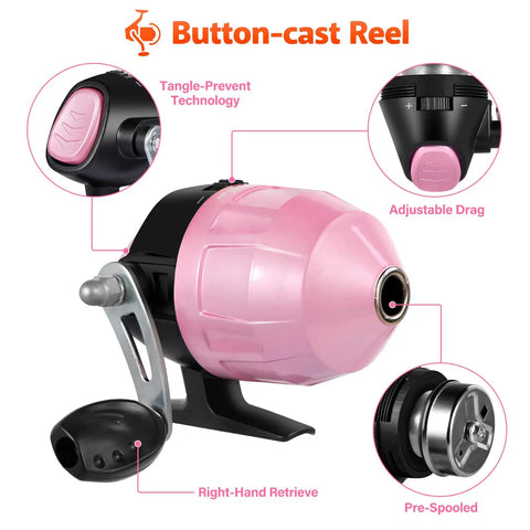 Kids Fishing Pole With Spincast Reel Telescopic Rod Full Gear Kit Pink 150cm Easy Cast Travel Bag Tackle Included reel features