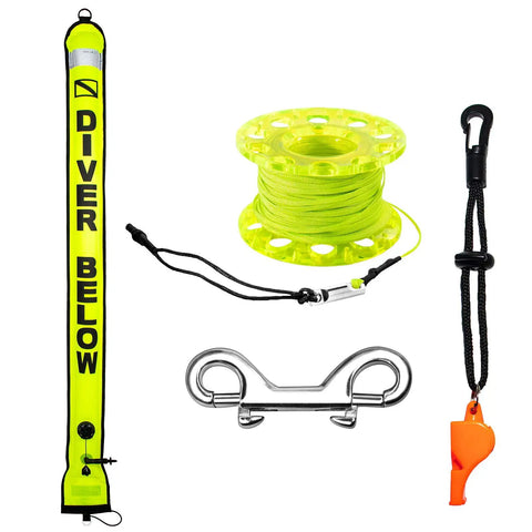 Five-Foot Scuba Surface Marker Buoy With Safety Sausage, 98-Foot Finger Spool Reel, Double Ended Hook Clip And Emergency Whistle