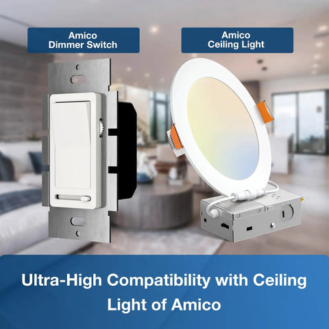 Amico Dimmer Switch and Ceiling Light display with ultra-high compatibility for efficient lighting control.