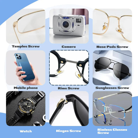 No Sweat Gold Eyeglass Repair Tool Kit With Heavy Duty Screwdriver Set loaded with tiny screws and accessories displayed in a grid.