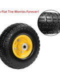 Close-up of a 10 Inch Solid Rubber Wheel Replacement with 5/8 Inch Bearings and 2.1 Inch Offset Hub for hand trucks in two pack flat free set