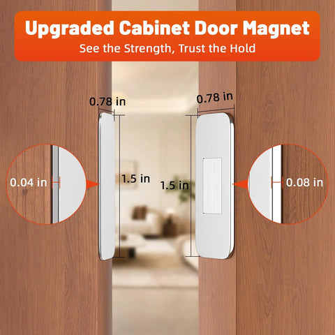 Ultra Thin No Drill Magnetic Cabinet Catch 6 Pack With Adhesive Stainless Steel Door Latches installed on wooden cabinet