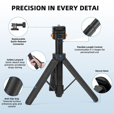 Pocket 3 In One Vlog Tripod Selfie Stick with extendable desk stand, secure base, and quick-release connector details