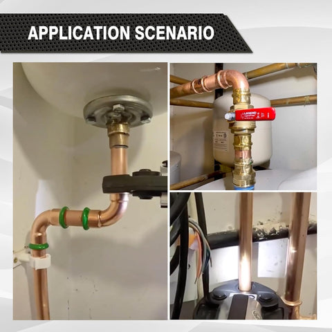 Application scenarios using the Workhorse Copper Pipe Press Tool For Viega ProPress Fittings with rotatable head for tight spaces.
